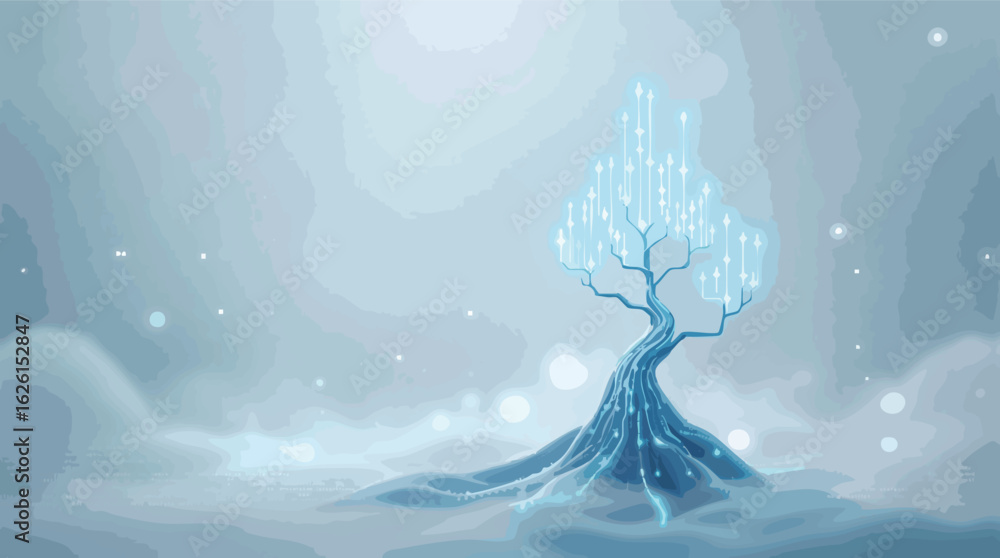 Poster abstract illustration of a digital tree with glowing lines representing technology and innovation.