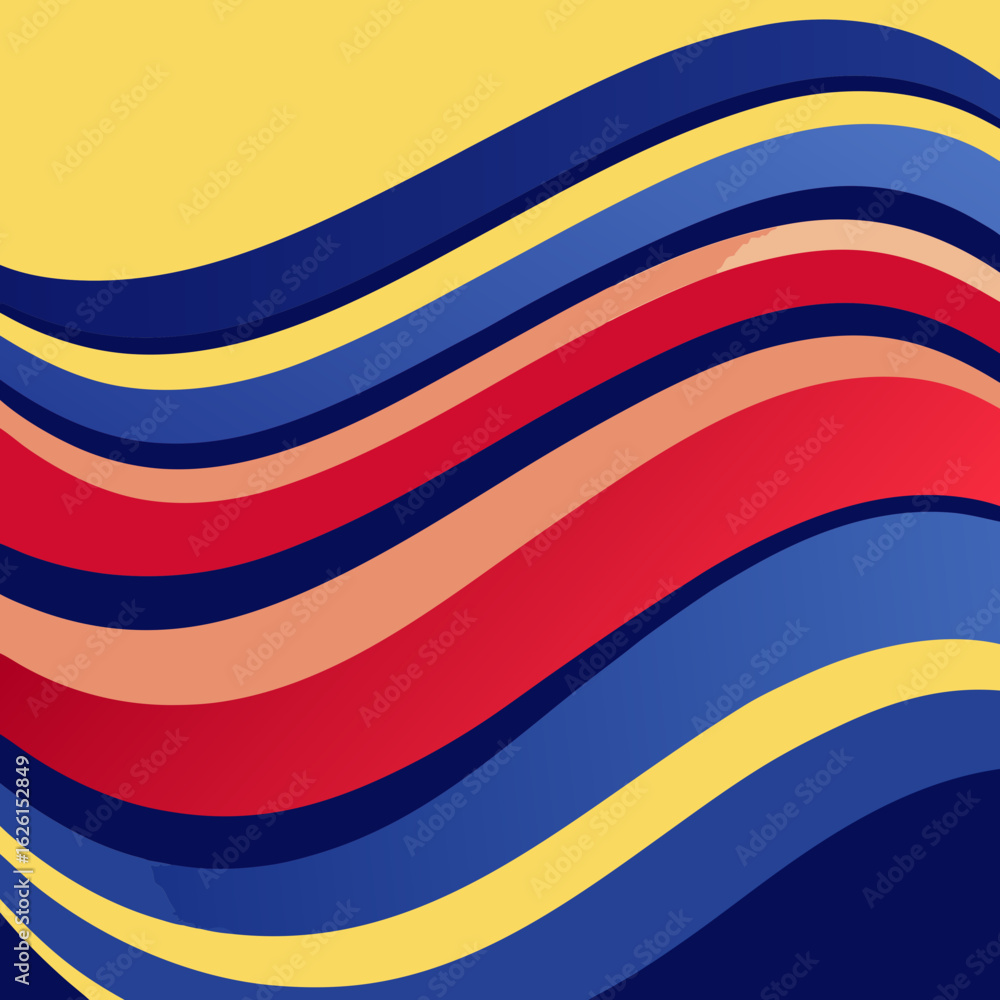 Poster abstract wavy stripes of yellow blue red and peach create a dynamic and colorful background pattern