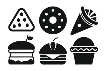 Collection of six black and white food icons, including a triangle with dots, a donut, an ice cream cone, a burger, another burger with a pepper, and a cupcake, all isolated on a white background