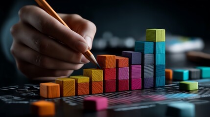 Hand Drawing Colorful Bar Chart on Dark Background - Professional Data Visualization Concept - Sharp Focus Pencil Artwork with Vibrant Cubes