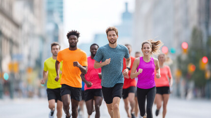A group of diverse runners sprints through a city street, radiating health and determination. Perfect for campaigns about fitness, teamwork, and urban lifestyles.