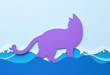 Obraz premium Layered purple paper cut cat silhouette with ocean wave background, animal, illustration