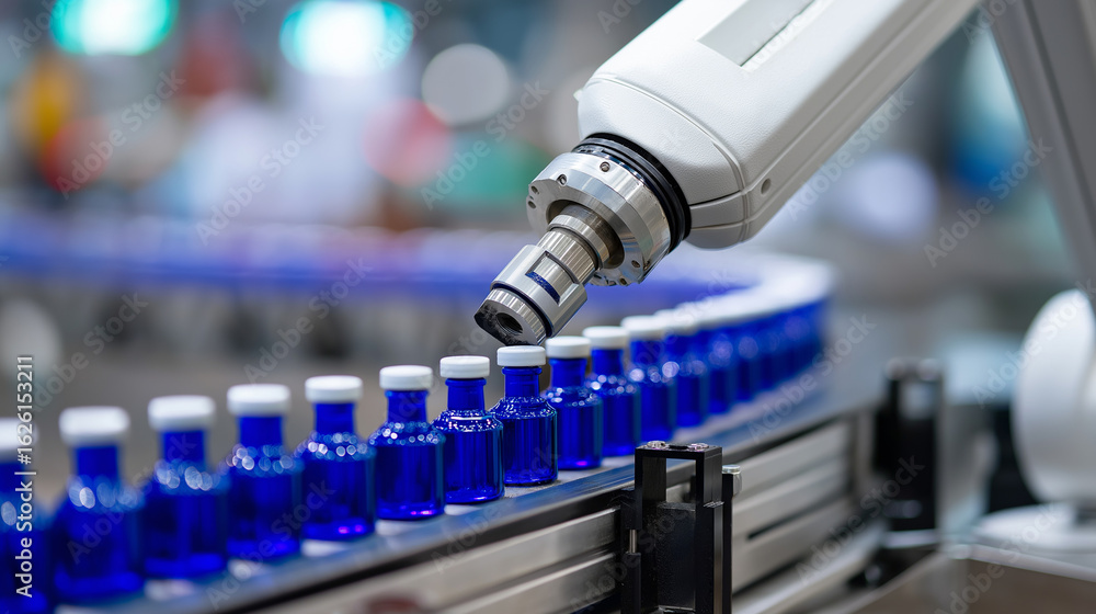 Poster robotic arm on conveyor system for bottling automation