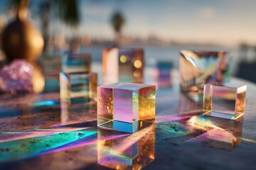 Colorful Glass Prisms on Table Reflecting Light and Creating Beautiful Patterns with a Scenic Background of Nature and Soft Sunset Glow