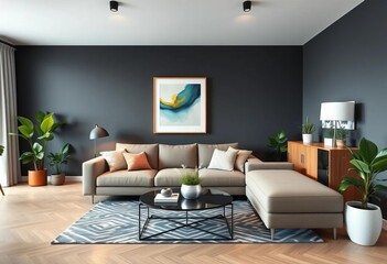 Modern apartment living room with sofa, framed art, cabinet, and houseplants, interior design, decor