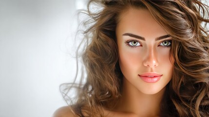 Naklejka premium Radiant Beauty: A close-up shot of a beautiful woman with flowing hair and a captivating gaze. Capturing elegance and grace in a serene portrait.