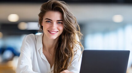 Radiant Professional: A poised woman radiates confidence, her gaze meeting the viewer's, embodying the essence of focus and capability in a modern setting, a laptop subtly framing her.
