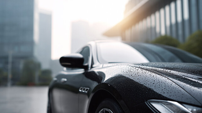 Fototapeta Sleek dark car detail, reflecting urban ambition. Raindrops glisten on its smooth surface, embodying luxury and success. Perfect for automotive, finance, or aspirational lifestyle visuals.