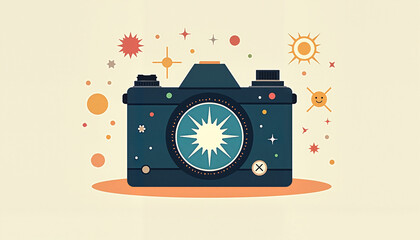Illustration of a camera with celestial elements and stars  
