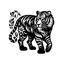 Naklejka premium Stylized Black Tiger Silhouette with Floral Accents.