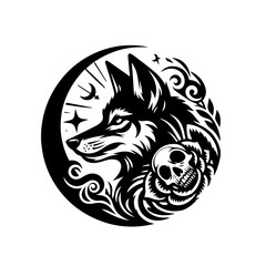 Stylized Wolf and Skull Crescent Moon Design.