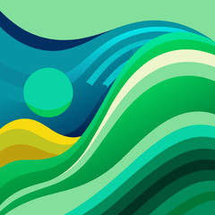 Abstract flowing landscape with green hills and a turquoise sun against a blue sky