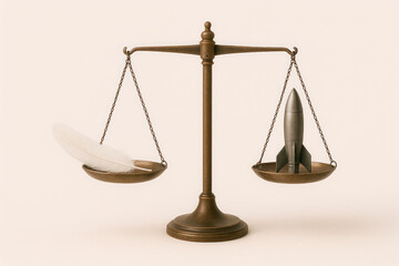 Photorealistic scales with feather and rocket, symbol of weight and strength. Space for text.