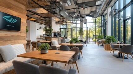 modern tech hub cafÃ© with wireless charging tables and smart glass walls