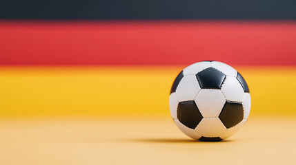 Soccer ball on a gradient background featuring black, red and yellow colors, soccer design, hexagon and pentagon pattern, a classic sports theme, and field.