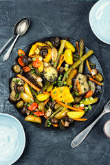 Roasted hot vegetables on a plate.