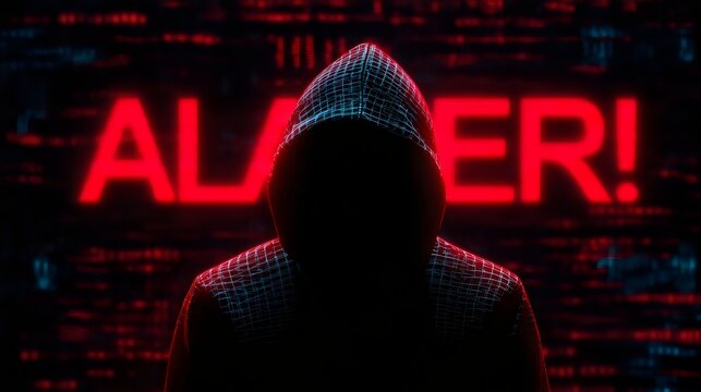 A mysterious figure in a hoodie silhouetted against a glowing red 'ALERT!' backdrop. - Powered by Adobe