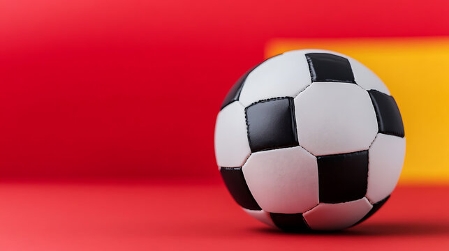 Classic black and white soccer ball sits against a vibrant red and yellow backdrop. A symbol of sport, energy, and international competition.
