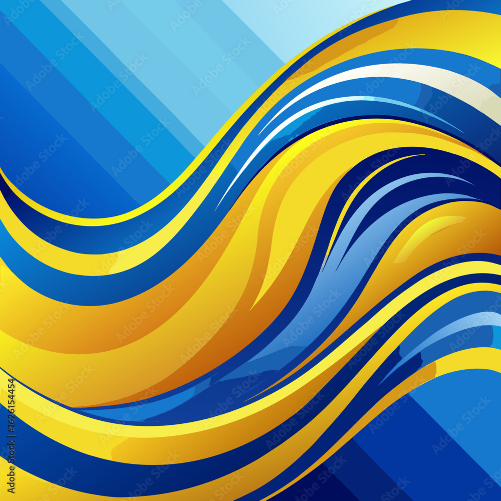 Poster abstract blue and yellow wavy background with dynamic flowing lines and gradient colors