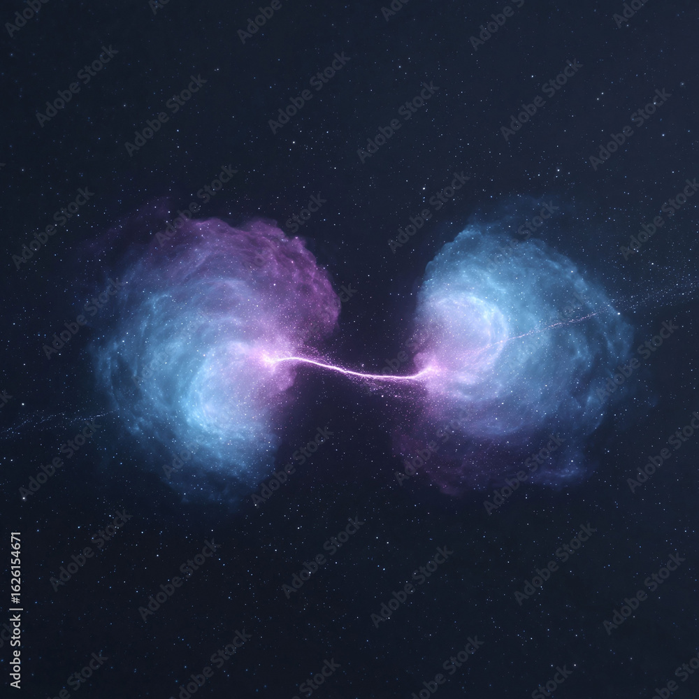 Poster abstract cosmic scene featuring two nebulae linked by energy. evokes themes of connection, space, an