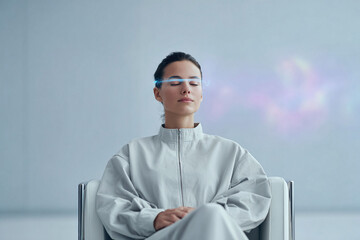 Serene woman with digital interface, eyes closed in contemplation. Represents AI, future tech, virtual reality, or enhanced perception. Ideal for tech concepts.