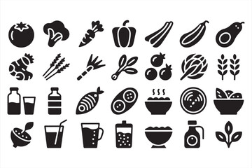 Nutrition and meal prep icons with avocado, soup, pods, and tomato symbols