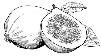 Black and white illustration of two figs, one whole and one halved