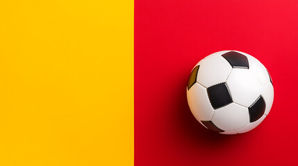 Fototapeta premium A classic black and white soccer ball placed on a vibrant red and yellow background. Perfect for sports enthusiasts and designers. Bold colors and a simple design.