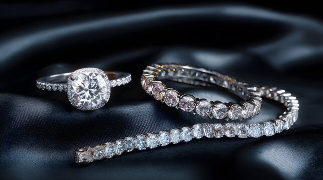 Birds eye layout of luxury diamond jewelry including engagement rings tennis bracelets displayed on a black silk background with soft studio glow and high end ambiance