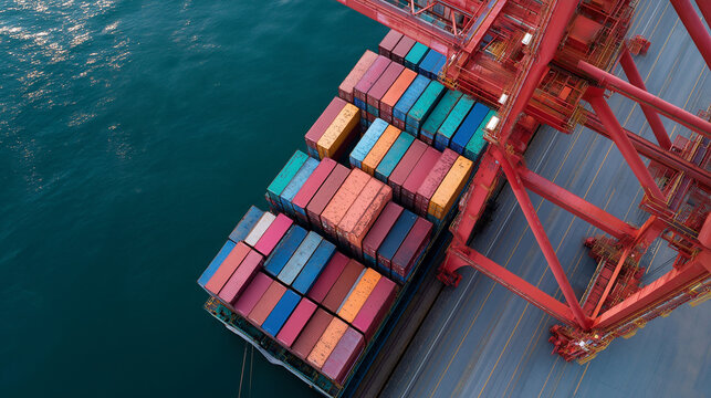 Bird's Eye View of Container Vessel at Berth with Crane