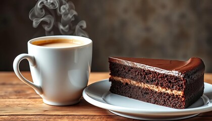 Steaming cup of milky coffee beside a slice of rich chocolate cake, table, afternoon tea