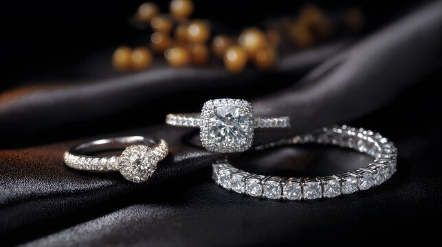 Birds eye layout of luxury diamond jewelry including engagement rings tennis bracelets displayed on a black silk background with soft studio glow and high end ambiance