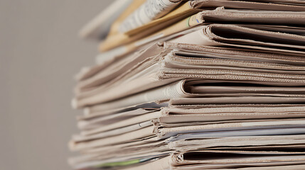 A towering stack of newsprint pages, hinting at information overload and the weight of current events. Close-up on tan colored newsprint pages.