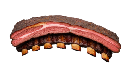 Ultra-realistic UHD overhead shot of large smoked 'Dino Ribs' with dark caramelized bark, pink smoke ring, glistening and tender on a clean transparent background, concept for premium food advertising
