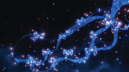Enchanting abstract illustration of glowing blue ribbons and sparkling starry lights on dark backdrop.