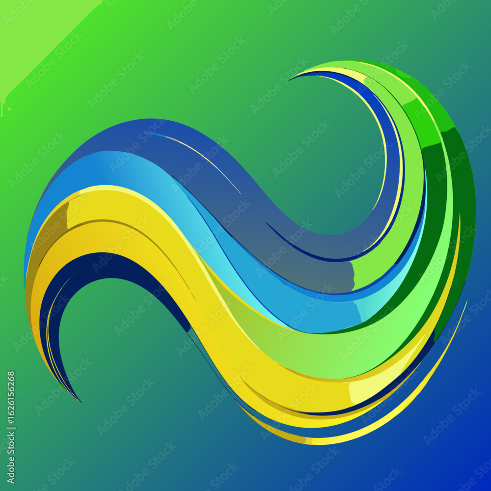 Poster abstract flowing waves of blue yellow and green colors creating a dynamic ribbon shape