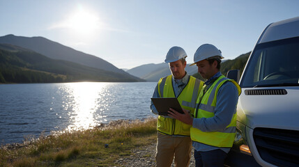 Fototapeta premium Engineers Reviewing Data at Reservoir Site with Laptop and Van