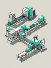 A bird's-eye view of an automated industrial packaging production line with a conveyor belt in motion, rendered in a modern Pantone cool grey and teal palette with a geometric composition.