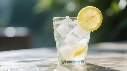 Refreshing lemonade with ice cubes and a lemon slice, served in a glass on an outdoor table.