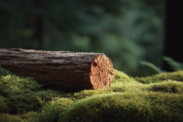 Fototapeta premium A serene forest scene featuring a mossy log, evoking themes of nature, tranquility, and growth. Perfect for conveying environmental awareness, rustic charm or organic beauty.