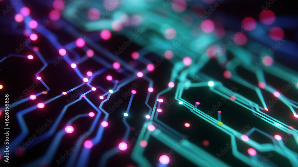 Poster neon motherboard macro view of iridescent circuit maze