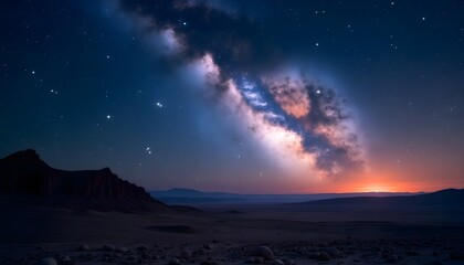 Naklejka premium Desert Sky: The Milky Way Above a Twilight Landscape (AI Generated)