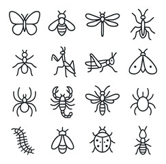 Insect linear icon set. featuring butterfly, bee, dragonfly, ant, praying mantis, grasshopper, wasp, and beetle.