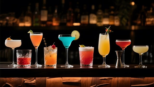 A vibrant array of colorful cocktails displayed on a bar counter with a blurred background of liquor bottles.
