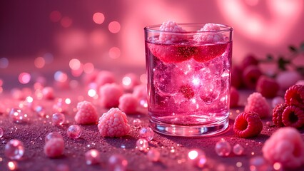 A vibrant pink drink with fresh raspberries, surrounded by sparkling bubbles and scattered fruits, creating a refreshing and visually appealing atmosphere.