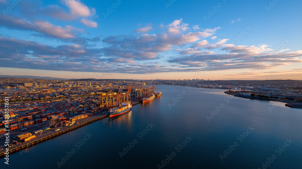 Poster high-altitude view of a busy container terminal and harbor shadows
