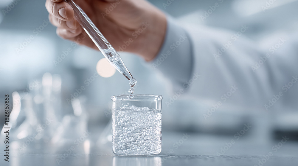 Poster precision in science droplet falling from a pipette into a beaker. ideal for illustrating research, 