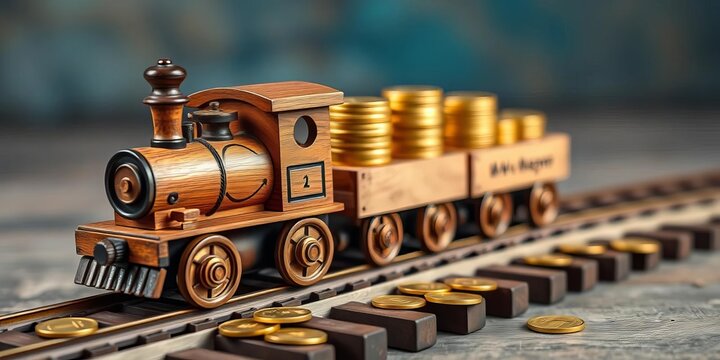 Wooden toy train carrying gold coins on tracks,  railroad,  collectible - Powered by Adobe