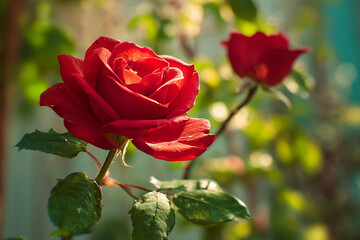 Vibrant red rose in natural light with sharp petal details and a softly blurred green background