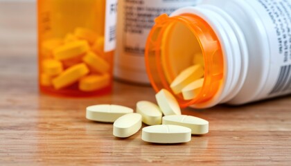 Medication bottles and tablets on wooden surface close-up view health concept indoor environment